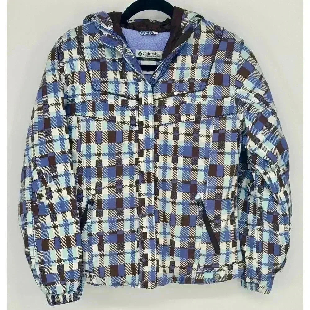 Columbia Youth Winter Hooded Coat Periwinkle Brown White Plaid Size 14/16